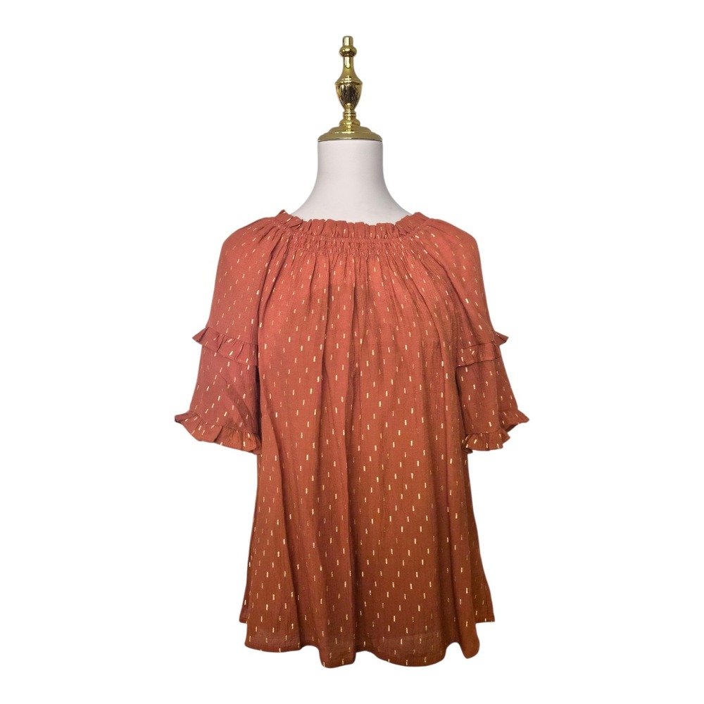 Nanette Nanette Lepore Rust Gold Metallic Dot Ruffle Sleeve Blouse Women's M Boh